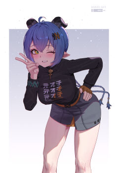 1girl absurdres accessories alternate_costume animal_ears artist_name belle_(zenless_zone_zero) belle_(zenless_zone_zero)_(cosplay) belt belted_skirt black_horns black_shirt blue_hair blush border bracelet braid braided_twintails breasts choker cosplay eki-lee fingerless_gloves gloves goat_ears goat_girl goat_horns grey_background grey_skirt grin hair_between_eyes hair_ornament hand_on_own_hip highres horizontal_pupils horns jewelry key key_choker large_breasts leaning_forward letter_hair_ornament long_hair looking_at_viewer lucia_elowen one_eye_closed orange_gloves pointy_ears shirt single_fingerless_glove skirt smile solo twintails v white_border yellow_eyes zenless_zone_zero