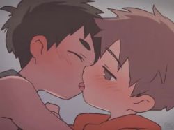 2boys animated black_hair brown_eyes brown_hair chickenchild closed_eyes couple face-to-face french_kiss half-closed_eyes kiss kodomo_doushi looping_animation male_focus multiple_boys open_mouth original shota simple_background tank_top tongue tongue_out video yaoi