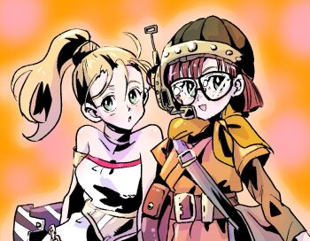 2girls bare_shoulders blonde_hair blue_eyes chrono_trigger glasses helmet jewelry long_hair looking_at_viewer lucca_ashtear marle_(chrono_trigger) motsutei multiple_girls open_mouth ponytail purple_hair scarf short_hair smile