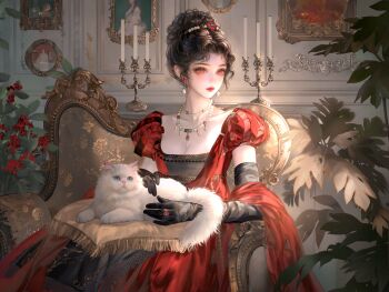 1girl absurdres animal black_gloves black_hair breasts cat chair cleavage couch dress earrings elbow_gloves flower gloves hair_bun hair_ornament highres holding indoors jewelry large_variant_set necklace on_lap original painting_(object) picture_frame plant puffy_sleeves red_dress red_eyes ring single_hair_bun sitting solo variant_set white_cat xixizi