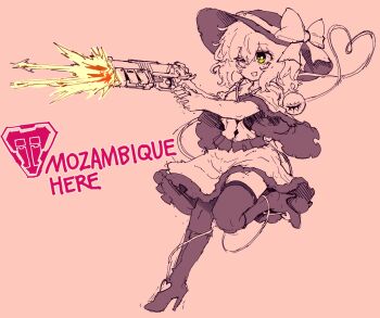 1girl ;d apex_legends english_text firing full_body green_eyes gun hat heart heart_of_string high_heels highres holding holding_gun holding_weapon komeiji_koishi long_sleeves meme mozambique_here_(meme) one_eye_closed open_mouth partially_colored rampa93 sa-3_mozambique shirt short_hair skirt smile solo thighhighs third_eye touhou weapon wide_sleeves