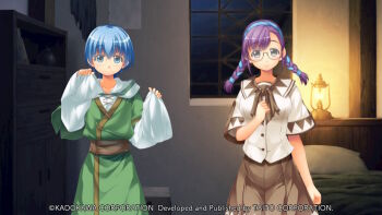 1boy 1girl asymmetrical_bangs atelier-moo bed blue_eyes blue_hair braid breasts brown_ribbon brown_skirt cheryl_christia chest_of_drawers christpher_cross clenched_hand closed_mouth company_name copyright_notice cowboy_shot game_cg glasses green_robe grey_eyes hair_between_eyes hairband hand_on_own_chest hands_up hooded_robe indoors lamp large_variant_set layered_sleeves long_hair long_sleeves looking_at_viewer loose_clothes low_twin_braids medium_breasts night non-web_source official_art oversized_clothes pillow purple_hair ribbon robe sash school_uniform shirt short_hair short_over_long_sleeves short_sleeves side-by-side skirt sleeves_past_fingers sleeves_past_wrists smile standing tareme twin_braids variant_set white_shirt window yuukyuu_gensoukyoku yuukyuu_gensoukyoku_revival