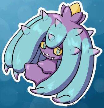 Rule 34 | aludra (aludrakijurorin), blue background, blue eyes, colored sclera, fangs, gen 7 pokemon, looking at viewer, mareanie, nintendo, no humans, outline, pokemon, pokemon (creature), solo, spikes, white outline, yellow sclera