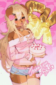 1girl abstract_background ahoge animal_ears animal_print arm_markings bell belt_collar blonde_hair blurry breasts bridge_piercing brown_eyes buttoned_cuffs buttons cake chain checkered_background cleavage collar colored_skin commentary confetti cowboy_shot denim denim_shorts depth_of_field dog_ears dog_girl double-parted_bangs english_commentary english_text eyebrow_piercing eyelashes face_piercing fingernails floppy_ears food furry furry_female gold_buttons gold_chain gradient_background hair_between_eyes hair_ornament hairpin happy heart heart_hair_ornament holding holding_cake holding_food jingle_bell leopard_print light_blush long_fingernails long_hair looking_at_viewer male_underwear male_underwear_peek medium_breasts midriff_peek milestone_celebration misa_(noisykoala) mouth_piercing multicolored_skin neck_bell noisykoala number_balloon off-shoulder_shirt off_shoulder open_mouth original outer_glow outline piercing pink_background pink_collar pink_male_underwear pink_nails pink_outline pink_shirt pink_theme pubic_tattoo raccoon_tails_(hairstyle) see-through_clothes see-through_thighhighs shirt short_shorts shorts sketch sleeves_past_wrists tan tattoo thank_you thick_lips thighhighs tongue two-tone_skin underwear wallet_chain white_thighhighs
