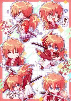 Rule 34 | 1boy, @ @, blue eyes, chibi, chibi only, commentary request, cross scar, dizzy, facial scar, fighting stance, flying sweatdrops, from side, full body, hair between eyes, hakama, hakama pants, highres, himura kenshin, holding, holding sword, holding weapon, japanese clothes, katana, kimono, long hair, long sleeves, low ponytail, male focus, multiple views, open mouth, orange hair, pants, ponytail, profile, red kimono, rurouni kenshin, sandals, scar, scar on cheek, scar on face, shion-1115, smile, sword, upper body, weapon, white hakama, wide sleeves