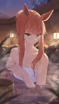 1girl animal_ears bare_shoulders blue_eyes blunt_bangs blush breasts bucket closed_mouth commentary_request dot_mouth green_eyes hair_bun highres horse_ears horse_girl long_hair looking_at_viewer naked_towel ningen_gokko onsen orange_hair outdoors silence_suzuka_(umamusume) small_breasts solo stone_lantern towel umamusume water wooden_bucket