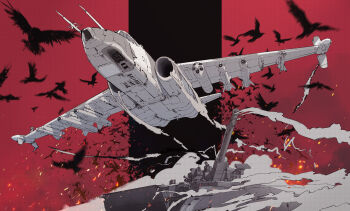 Rule 34 | 2s38, air-to-surface missile, aircraft, airplane, armored vehicle, attack aircraft, autocannon, bird, cannon, commentary, crow, fighter jet, highres, military vehicle, missile, motor vehicle, no humans, original, rocket pod, russian air force, russian commentary, russian ground forces, self-propelled anti-aircraft-gun, self-propelled artillery, shuten (project sky), smoke, sparks, su-25, tank, textless version