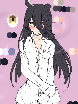 1girl animal_ears black_choker black_hair blush borrowed_clothes breasts choker collared_shirt color_guide commentary_request embarrassed hair_between_eyes highres horse_ears horse_girl long_bangs long_hair long_hair_between_eyes manhattan_cafe_(umamusume) naked_shirt open_mouth oversized_clothes oversized_shirt pink_background pokapoka-sun shirt simple_background solo umamusume white_shirt yellow_eyes