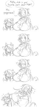 absurdres animal_ears bell blush breasts bursting_breasts collar comic cow_girl cowbell dog_ears embarrassed gigantic_breasts graph_(graphiteknight) highres matt_(ego_trigger) mattie_(ego_trigger) sexually_suggestive shota sweat tail