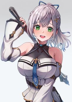 1girl absurdres bare_shoulders breasts chameleon_(chameleon0613) green_eyes grey_background grey_hair high_ponytail highres holding holding_polearm holding_weapon hololive large_breasts long_hair open_mouth polearm ponytail shirogane_noel simple_background smile solo upper_body virtual_youtuber weapon