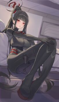 1girl absurdres black_bodysuit black_hair black_halo blue_archive blunt_bangs blush bodysuit breasts bright_pupils commentary_request couch full_body hair_ornament halo high_ponytail highres impossible_bodysuit impossible_clothes indoors large_breasts latex latex_bodysuit long_hair looking_at_viewer multicolored_halo official_alternate_costume official_alternate_hairstyle ojisan_kamo_shiremasen parted_lips ponytail red_eyes ringed_eyes rio_(armed)_(blue_archive) rio_(blue_archive) sidelocks sitting skin_tight solo two-tone_halo very_long_hair white_pupils