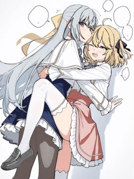 2girls ahoge anisphia_wynn_palettia black_pantyhose blonde_hair blue_skirt capelet drooling euphyllia_magenta frilled_skirt frills green_eyes hashtag-only_commentary high-waist_skirt highres huge_ahoge long_hair long_sleeves medium_hair multiple_girls open_mouth panties pantyhose pink_skirt pussy_juice shirt skirt tensei_oujo_to_tensai_reijou_no_mahou_kakumei thigh_strap thighhighs two_side_up underwear very_long_hair white_capelet white_hair white_shirt white_thighhighs wtsino yuri
