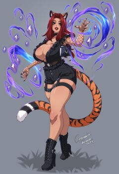 1girl animal_ear_fluff animal_ears artist_name belt black_boots black_nails black_shirt black_shorts book boots breasts cleavage commentary commission crescentia_fortuna curtained_hair curvy energy english_commentary fishnet_sleeves fishnets frilled_shirt frills full_body gezi_(sab_draco) green_eyes grey_background high_heels highres lace-up_boots large_breasts long_hair magic multiple_thigh_straps no_bra open_clothes open_shirt orange_tail original parted_bangs parted_lips red_hair red_lips shirt short_shorts shorts skindentation solo standing tail telekinesis thigh_strap tiger_ears tiger_girl tiger_tail