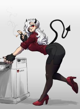 Rule 34 | 1girl, absurdres, ass, black gloves, black horns, black nails, black skirt, bowing, breasts, cigarette, demon, demon girl, demon horns, demon tail, ear piercing, face piercing, gloves, grey background, hair over one eye, helltaker, high heels, highres, holding, holding cigarette, horns, long hair, looking at viewer, mouth piercing, office lady, pantyhose, piercing, printer, red eyes, red footwear, skirt, smoke, standing, standing on one leg, tail, vosmon, zdrada (helltaker)
