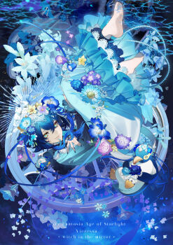 Rule 34 | 1girl, absurdres, barefoot, bird, blue flower, blue nails, blue pupils, character name, commentary request, copyright name, dress, flower, full body, hair flower, hair ornament, highres, holding, holding flower, long hair, looking at viewer, penguin, pixiv fantasia, pixiv fantasia age of starlight, rezia, smile, solo, vieressa (pixiv fantasias age of starlight), yellow eyes
