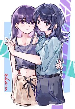 2girls absurdres bang_dream! bang_dream!_it's_mygo!!!!! black_choker black_hair black_tank_top blue_shirt brown_shorts chinese_commentary choker closed_mouth commentary_request hand_on_another's_waist highres keyun long_hair looking_at_viewer medium_hair midriff multiple_girls navel open_mouth purple_eyes shiina_taki shirt short_sleeves shorts tank_top yahata_umiri yuri