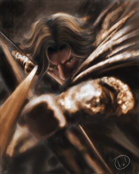 Rule 34 | 1boy, archery, artskiddy69, bow (weapon), brown hair, cape, covered mouth, drawing arrow, gauntlets, green eyes, highres, holding, holding bow (weapon), holding weapon, kai (shadow slave), looking at viewer, male focus, narrowed eyes, pov, serious, shadow slave, short hair, solo, upper body, weapon