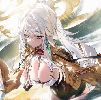 1girl black_gloves breasts chun_nam closed_mouth commentary_request cosplay earrings genshin_impact gloves grey_eyes half_gloves high-waist_shorts highres jacket jewelry kuji-in large_breasts long_hair looking_at_viewer shorts white_hair yellow_jacket yixuan_(zenless_zone_zero) yixuan_(zenless_zone_zero)_(cosplay) zenless_zone_zero zibai_(genshin_impact)