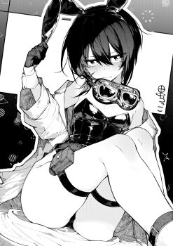 1girl absurdres ankle_belt artist_name bare_legs black_hair black_leotard breasts check_commentary coat commentary_request dutch_angle feet_out_of_frame goggles goggles_around_neck greyscale hair_between_eyes hand_up highres jitome kino_(kino_no_tabi) kino_no_tabi leotard looking_at_viewer medium_hair monochrome open_clothes open_coat playboy_bunny pouch sitting small_breasts solo strapless strapless_leotard tanaka_rakko_(sea_tanaka1018) thigh_pouch thigh_strap wrist_cuffs