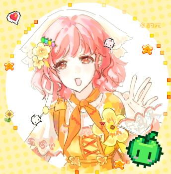 1girl apple apple_hair_ornament border brooch brown_eyes chinese_commentary commentary_request country_lolita cross-laced_clothes cross-laced_dress dot_nose dress eyelashes floral_print flower flower_brooch food food-themed_creature food-themed_hair_ornament fruit green_apple hair_flower hair_ornament hairclip hand_up happy headscarf heart highres infinity_nikki jewelry jintianshigehaotianqine junimo layered_sleeves lolita_fashion long_sleeves medium_hair neckerchief nikki_(nikki) nikki_(series) open_mouth orange_dress orange_neckerchief pinafore_dress pink_hair pixel_art_inset polka_dot_border print_sleeves rose_print round_border short_over_long_sleeves short_sleeves sleeveless sleeveless_dress smile solo speech_bubble spoken_heart star_(symbol) stardew_valley stardew_valley_encounter_(infinity_nikki) upper_body wavy_hair white_background white_headscarf yellow_border yellow_flower