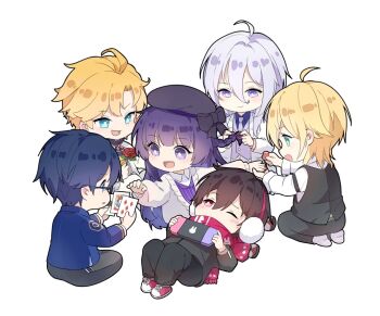 1girl 5boys :d ahoge alkaid_mcgrath animal_print applying_another&#039;s_manicure applying_manicure aqua_eyes ayn_alwyn beret black_bow black_hair black_hat black_jacket black_pants black_shirt black_vest blonde_hair blue_eyes blue_hair blue_jacket blush bow braid braiding_another&#039;s_hair braiding_hair brown_shoes cael_anselm cael_anselm_(everyday_outfit) card cardigan center-flap_bangs chibi chibi_only chinese_commentary clarence_clayden clarence_clayden_(everyday_outfit) closed_mouth collared_shirt cosmetics covered_mouth curtained_hair diagonal-striped_clothes diagonal-striped_necktie earmuffs flower formal_clothes full_body glasses green_eyes hair_between_eyes hairdressing hat hat_bow heroine_(lovebrush_chronicles) holding holding_card holding_flower indian_style jacket knees_up lap_pillow lapels lars_rorschach long_bangs long_hair long_sleeves looking_at_another looking_at_object looking_to_the_side lovebrush_chronicles lying male_harem medium_hair multiple_boys nail_polish nail_polish_bottle nail_polish_brush neck_ribbon necktie no_shoes notched_lapels on_back one_eye_closed open_cardigan open_clothes open_jacket open_mouth painting_nails pants parted_lips pinstripe_pattern pinstripe_vest playing_card purple_eyes purple_hair purple_necktie purple_shirt purple_vest rabbit_print reaching red_eyes red_flower red_rose red_scarf red_shoes red_skirt ribbon rose scarf scarf_over_mouth seiza shhuii shirt shoes short_hair side_braid simple_background sitting skirt sleeve_garter smile sneakers socks striped_clothes suit v-shaped_eyebrows vest white_background white_cardigan white_hair white_jacket white_pants white_shirt white_socks white_suit