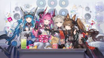 Rule 34 | 4girls, angelina (arknights), arknights, arknights: endfield, balloon, biscuit (bread), black gloves, blue gloves, blue hair, bodysuit, bubble tea, chips (food), chocolate chip cookie, closed mouth, cookie, couch, crop top, cup, dress, drink, food, gilberta (arknights), gloves, glowstick, happy, highres, holding, holding cup, holding glowstick, indoors, jacket, last rite (arknights), logo, long hair, multiple girls, official art, on couch, open clothes, open jacket, open mouth, pants, perlica (arknights), pillow, pink jacket, popcorn, promotional art, rubber duck, second-party source, sitting, starshadowmagician, stuffed animal, stuffed toy, surprised, tail, teddy bear, vinyl record, white dress, white pants, wide-eyed, yvonne (arknights)