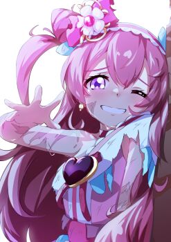 1girl absurdres bow brooch choker commentary_request cone_hair_bun crying crying_with_eyes_open cure_precious delicious_party_precure dirty double_bun dress earrings frilled_hairband frills grin hair_bow hair_bun hair_ornament hairband heart heart_brooch highres injury jewelry long_hair looking_at_viewer magical_girl nagomi_yui one_eye_closed pink_bow pink_choker pink_dress pink_hair precure purple_eyes sanami_(sanami_t_38) scar scar_on_arm scar_on_face simple_background smile solo sweat tears torn_clothes two_side_up upper_body white_background