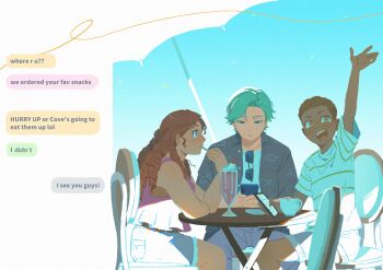 1boy 1girl 1other 74000000star :d animal_print bistro_table brown_hair chair cove_holden cup curly_hair dark-skinned_female dark_skin day feet_out_of_frame fish_print food green_eyes green_hair grin hand_up highres holding holding_phone miranda_eckert open_mouth our_life our_life:_beginnings_and_always outdoors parfait phone shirt short_hair shorts sitting smile sunglasses t-shirt terry_brook text_messaging umbrella waving