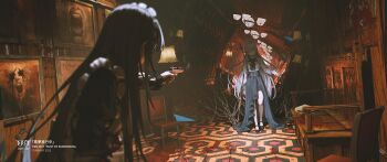 2girls absurdres bench black_hair black_skirt blood blood_on_ground closed_mouth commentary_request gun handgun highres holding holding_gun holding_weapon igarashi_sophia long_hair maid meguro_roudoku multiple_girls original painting_(object) shirt skirt smoke surreal weapon white_hair white_shirt yurika-r