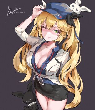 1girl ;) absurdres artist_name bao_bao_(dokibird) belt black_skirt blonde_hair blue_hat blue_jacket blue_ribbon blush breasts cleavage collared_shirt commentary covered_navel dokibird dokibird_(retro_doki) english_commentary green_eyes grey_background grey_jacket hair_ribbon hat heart heart-shaped_eyes highres id_card indie_virtual_youtuber jacket keyokku lanyard large_breasts long_hair long_sleeves looking_at_viewer mei_mei_(dokibird) miniskirt newsboy_cap nose_blush office_lady one_eye_closed open_clothes open_shirt rabbit red_nails ribbon shirt simple_background skirt smile solo thighs twintails very_long_hair virtual_youtuber white_belt