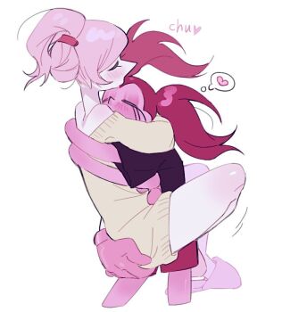 Rule 34 | 2girls, alternate costume, alternate hairstyle, bare shoulders, black shirt, blush, carrying, casual, closed eyes, colored skin, commentary, english text, extendable limbs, gem (steven universe), gloves, grabbing another's ass, groping, hair bun, happame, heart, hug, hug carry, image in thought bubble, knee blush, leg lock, makeup, messy hair, morning after, multiple girls, naked sweater, oversized clothes, oversized shirt, oversized sweater, pink hair, pink pearl (steven universe), pink shorts, pink skin, runny makeup, shirt, short twintails, shorts, sleeveless, sleeveless sweater, slippers, speech bubble, spinel (steven universe), standing leg lock, steven universe, sweater, thought bubble, translated, twintails, white skin, yellow sweater, yuri