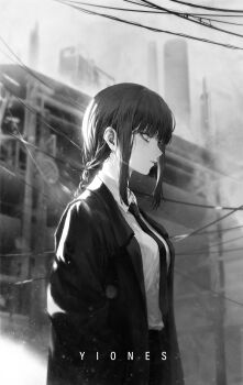 1girl absurdres artist_name braid braided_ponytail building chainsaw_man chinese_commentary closed_mouth coat collared_shirt commentary day dress_shirt expressionless formal_clothes from_side greyscale hands_in_pockets highres light_particles long_hair makima_(chainsaw_man) monochrome necktie office_lady outdoors pants power_lines ringed_eyes shirt shirt_tucked_in sidelocks single_braid solo standing wire yiones