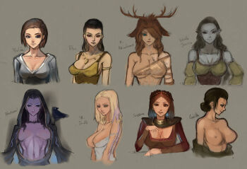 6+girls alva_(skyrim) antlers armband bird black_hair blonde_hair breasts breton brown_hair camilla_valerius cleavage colored_skin crow daedra dark-skinned_female dark_skin dress dunmer forsworn forsworn_briarheart hood hoodie horns imperial jenassa jewelry jordis_the_sword_maiden large_breasts looking_at_viewer midriff mikazuki_shigure mikazukishigure multiple_girls necklace nipples nocturnal nord pointy_ears purple_skin red_eyes scar serana smile take_your_pick the_elder_scrolls the_elder_scrolls_v:_skyrim topless_female undressing vampire ysolda