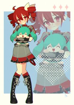 1girl ahoge boots bow capelet character_doll commentary doll drill_hair frown full_body hair_bow hatsune_miku highres hugging_doll hugging_object kasane_teto kasane_teto_(sv) knee_boots kneehighs lace-up_boots long_sleeves looking_at_viewer red_eyes red_hair skirt socks symbol-only_commentary synthesizer_v twin_drills utau vocaloid watermark yorita_genyu zoom_layer