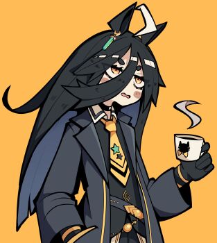 Rule 34 | 1girl, absurdres, ahoge, animal ears, black choker, black coat, black gloves, black hair, black shirt, black skirt, blush, blush stickers, choker, coat, coffee mug, collared shirt, cup, ear tag, earrings, gloves, hair between eyes, hand in pocket, highres, horse ears, horse girl, jewelry, long bangs, long hair, long hair between eyes, long sleeves, mafikotwt, manhattan cafe (creeping shadow) (umamusume), manhattan cafe (umamusume), mug, multicolored hair, necktie, open mouth, shirt, simple background, single earring, skirt, solo, steaming cup, umamusume, very long hair, white hair, yellow eyes, yellow necktie