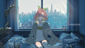 1girl absurdres alarm_clock asymmetrical_bangs bedroom book brown_shirt building cellphone chain chain_necklace city clock closed_mouth clothes_writing commentary commission curtains day denim denim_shorts expressionless forehead hair_between_eyes hair_ornament heart_pendant highres indoors jewelry leaf_hair_ornament long_bangs long_sleeves looking_at_viewer necklace on_bed open_clothes open_shirt orange_eyes original phone pile_of_books pillow pink_hair plaid_clothes plaid_shirt print_shirt scenery shade shiomi_(lowrise) shirt short_hair short_shorts shorts sitting skyline skyscraper sleeves_past_wrists smartphone solo straight-on t-shirt thighhighs unbuttoned white_shirt white_thighhighs window