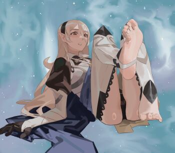 1girl absurdres arm_support armor ass barefoot black_gloves black_hairband blue_background blue_cape breasts cape expressionless eyelashes feet feet_up female_corrin_(fire_emblem) fire_emblem fire_emblem_fates flipped_hair foot_focus full_body gloves gradient_background grey_hair hair_between_eyes hair_ornament hairband highres intelligent_systems kucheat_zg leg_armor legs leotard leotard_under_clothes long_hair lying medium_breasts nintendo on_back parted_lips pointy_ears puffy_sleeves red_eyes sidelocks soles stirrup_legwear thighs toeless_legwear toenails toes wavy_hair