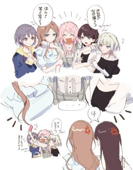 5girls :< :3 absurdres anger_vein arms_around_neck bang_dream! bang_dream!_it's_mygo!!!!! blue_eyes blue_hoodie breast_envy breasts brown_eyes brown_hair chihaya_anon closed_eyes fang grey_hair heart hetero highres hood hood_down hoodie kaname_raana kanon_25ji long_hair long_sleeves medium_breasts multiple_girls mygo!!!!!_(bang_dream!) nagasaki_soyo open_mouth pink_hair purple_eyes selfie shiina_taki shirt short_hair spoken_heart takamatsu_tomori translation_request white_hair white_shirt yellow_eyes