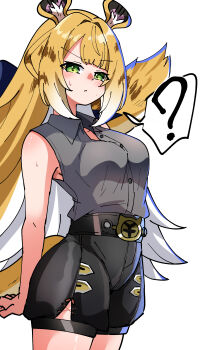 1girl ? absurdres animal_ears black_shirt black_shorts blonde_hair breasts caseee999 closed_mouth colored_inner_hair green_eyes highres ju_fufu looking_at_viewer medium_breasts multicolored_hair shirt short_shorts shorts solo spoken_question_mark tail thigh_strap tiger_ears tiger_girl tiger_tail two-tone_hair white_background white_hair zenless_zone_zero