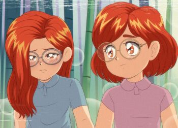 1girl animification brenni_murasaki character_request check_character dual_persona earrings glasses jewelry long_hair looking_at_viewer meilin_lee mole mole_under_eye open_mouth orange_eyes red_hair shirt short_hair simple_background solo turning_red