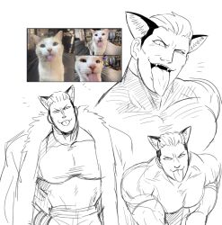 Rule 34 | 1boy, animal ears, bara, breasts, cat ears, cat png, evil grin, evil smile, grin, large breasts, large pectorals, meme, muscular, muscular male, naughty face, nyaattoberritto, pectorals, sketch, smile, the king of fighters, tongue, tongue out, white background, yamazaki ryuuji
