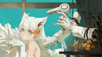 1girl 1other :d absurdres ahoge animal_ear_fluff animal_ear_piercing animal_ears aqua_eyes braid commentary_request detached_arm double-parted_bangs dress elbow_gloves flower fox_ears fox_girl gloves grin hair_between_eyes hair_dryer hair_flower hair_ornament hand_in_another&#039;s_hair highres holding holding_hair_dryer hololive hyde_(tabakko) long_hair looking_at_viewer open_mouth shirakami_fubuki side_braid smile solo virtual_youtuber white_dress white_gloves white_hair zuutto_issho_(kitani_tatsuya)