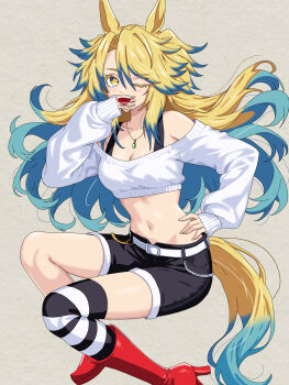 Rule 34 | 1girl, animal ears, belt, black shorts, black thighhighs, blonde hair, blue eyes, blue hair, boots, casual, chain, commentary, covering own mouth, cropped sweater, denim, denim shorts, gold chain, hand on own hip, high heel boots, high heels, highres, horse ears, horse girl, horse tail, invisible chair, jewelry, long hair, looking at viewer, midriff, multicolored hair, navel, necklace, obey your master (umamusume), off-shoulder sweater, off shoulder, one eye closed, red boots, shirt straps, shorts, single thighhigh, sitting, solo, star-shaped pupils, star (symbol), striped clothes, striped thighhighs, sweater, symbol-shaped pupils, tail, thighhighs, two-tone hair, umamusume, umamusume: cinderella gray, very long hair, wallet chain, white belt, white sweater, white thighhighs, zenbrush2