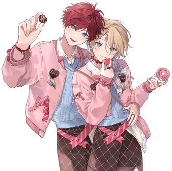 Rule 34 | 2boys, :q, amagi hiiro, bag, bishounen, blonde hair, blue eyes, blue sweater, blush, bracelet, brown pants, cherry tomato, chocolate, collared shirt, cowboy shot, donut, earrings, ensemble stars!, food, green eyes, hand on another's hip, highres, holding, holding chocolate, holding donut, holding food, jacket, jewelry, looking at viewer, mc copycat, multiple boys, nail polish, open clothes, open jacket, pants, parted lips, pink bag, pink jacket, pink nails, red hair, shiratori aira (ensemble stars!), shirt, short hair, shoulder bag, simple background, sweater, tomato, tongue, tongue out, white background, yaoi