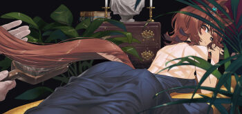 1girl agnes_tachyon_(umamusume) animal_ears backless_dress backless_outfit bare_arms bare_back bare_shoulders black_dress blush brown_hair closed_mouth dress from_behind highres horse_ears horse_girl horse_tail lying on_stomach red_eyes sarcophage short_hair sleeveless sleeveless_dress smile solo strapless strapless_dress tail umamusume