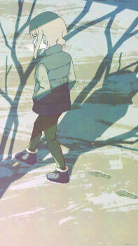 1girl absurdres adversarial_noise black_jacket blue_boots boots commentary_request dated film_grain footprints from_above full_body fur-trimmed_boots fur_trim green_pants grey_hair grey_shirt hair_between_eyes highres jacket long_sleeves medium_hair mixed-language_text original pants sankakkee shadow shirt sidelocks sleeveless sleeveless_jacket snow solo twitter_username watermark winter