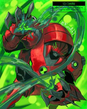 absurdres armor ben_10 ben_10:_ultimate_alien claws extra_eyes feet_out_of_frame full_armor full_body green_background green_eyes green_outline hands_up highres hydrokinesis kornart looking_at_viewer omnitrix outline red_armor water water_hazard_(ben_10)