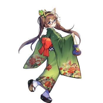 1girl animal_ear_hairband animal_ears bag blue_eyes breasts brown_hair fake_animal_ears floral_print floral_print_kimono frog_hair_ornament from_side glasses gold_hairband green_kimono hair_ornament hairband holding holding_bag japanese_clothes kimono kino_books large_breasts long_hair obi print_kimono red_sash sandals sash tabi twintails uchi_no_hime-sama_ga_ichiban_kawaii whoisshe zouri