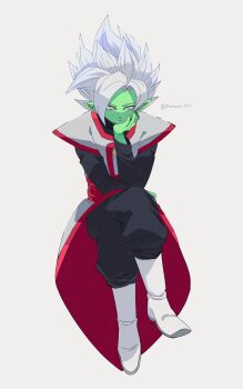 1boy black_bodysuit black_pants bodysuit boots colored_skin dragon_ball dragon_ball_super earrings fused_zamasu green_skin grey_eyes hand_on_chin highres invisible_chair jewelry komesan_0212 long_sleeves looking_to_the_side pants pointy_ears potara_earrings red_sash sash sitting solo spiked_hair white_boots white_hair