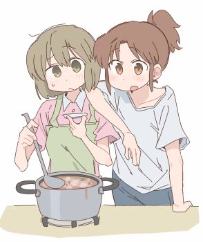 2girls apron blonde_hair blue_pants brown_hair buttons city_(arawi_keiichi) closed_mouth collared_shirt commentary cooking_pot dot_nose food green_apron green_eyes highres holding holding_plate holding_spoon long_hair looking_at_object multiple_girls nagumo_midori niikura_(city) off-shoulder_shirt off_shoulder open_mouth pants pink_shirt plate ponytail shirt short_hair short_sleeves sidelocks simple_background spoon table white_background white_shirt wichimi